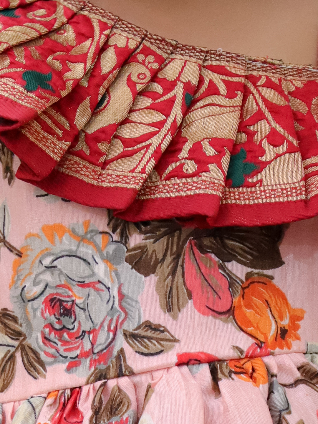 BownBee Printed One shoulder Ethnic Party Dress For Girls - Orange