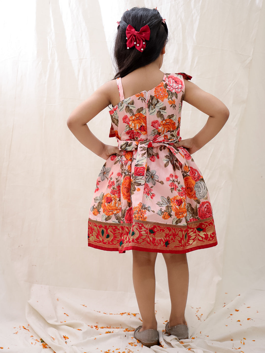 BownBee Printed One shoulder Ethnic Party Dress For Girls - Orange