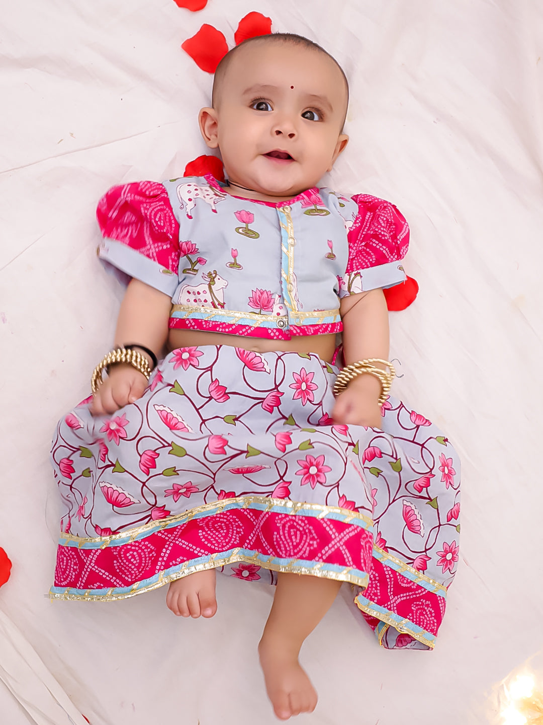 BownBee Pure Cotton Short Puff Sleeves Lehenga Choli  Set For Infant Girls - Sky Blue