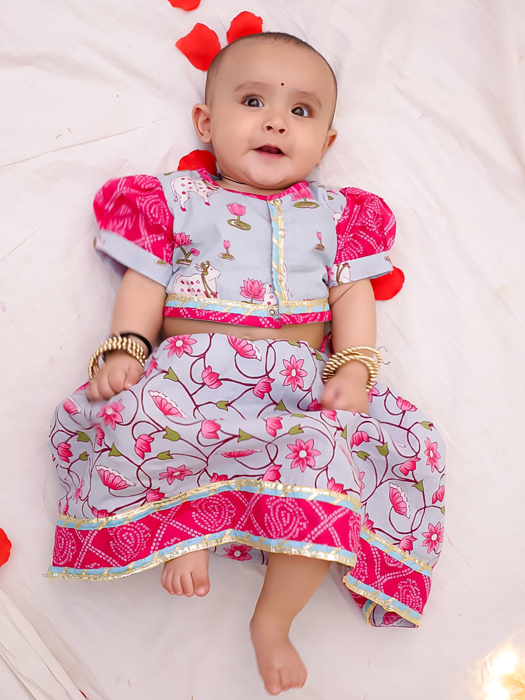 BownBee Festive Lehenga Choli & Dhoti Kurta Sibling Set for Infants | Traditional Rakhi & Wedding Wear – Sky Blue
