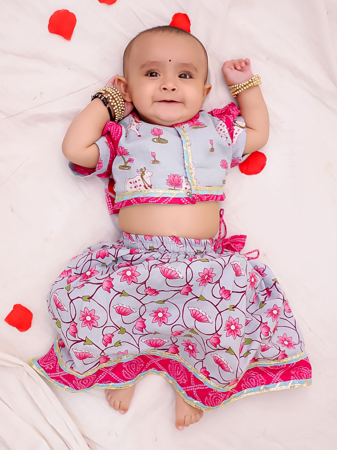 BownBee Festive Lehenga Choli & Dhoti Kurta Sibling Set for Infants | Traditional Rakhi & Wedding Wear – Sky Blue