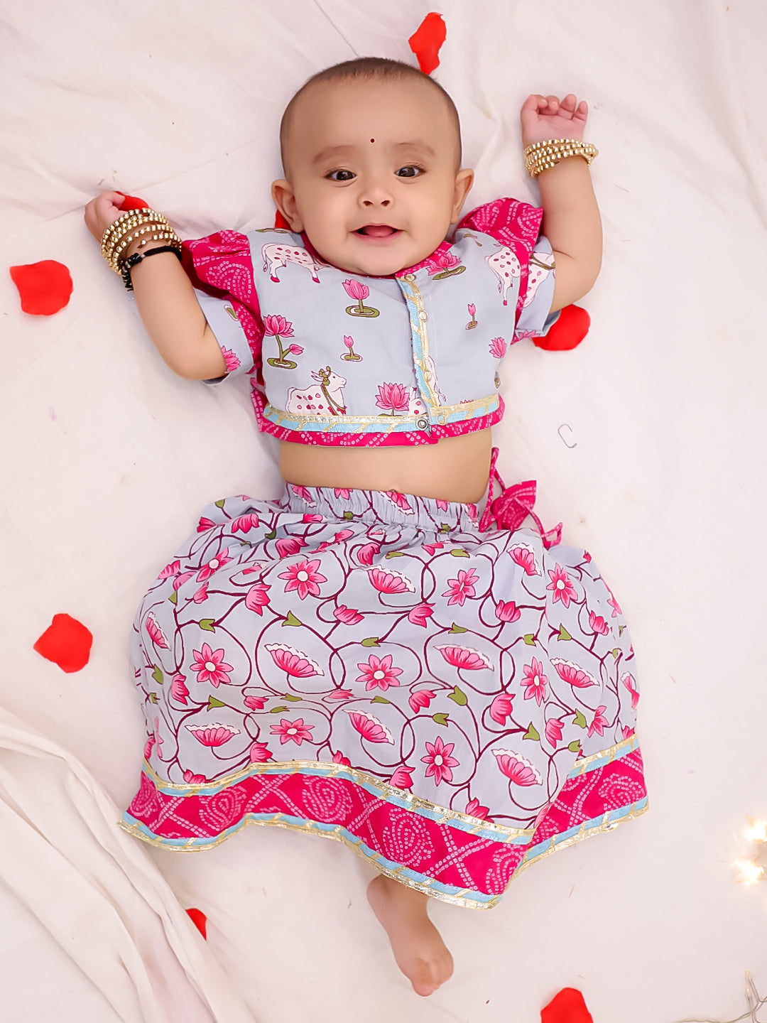 BownBee Pure Cotton Short Puff Sleeves Lehenga Choli  Set For Infant Girls - Sky Blue