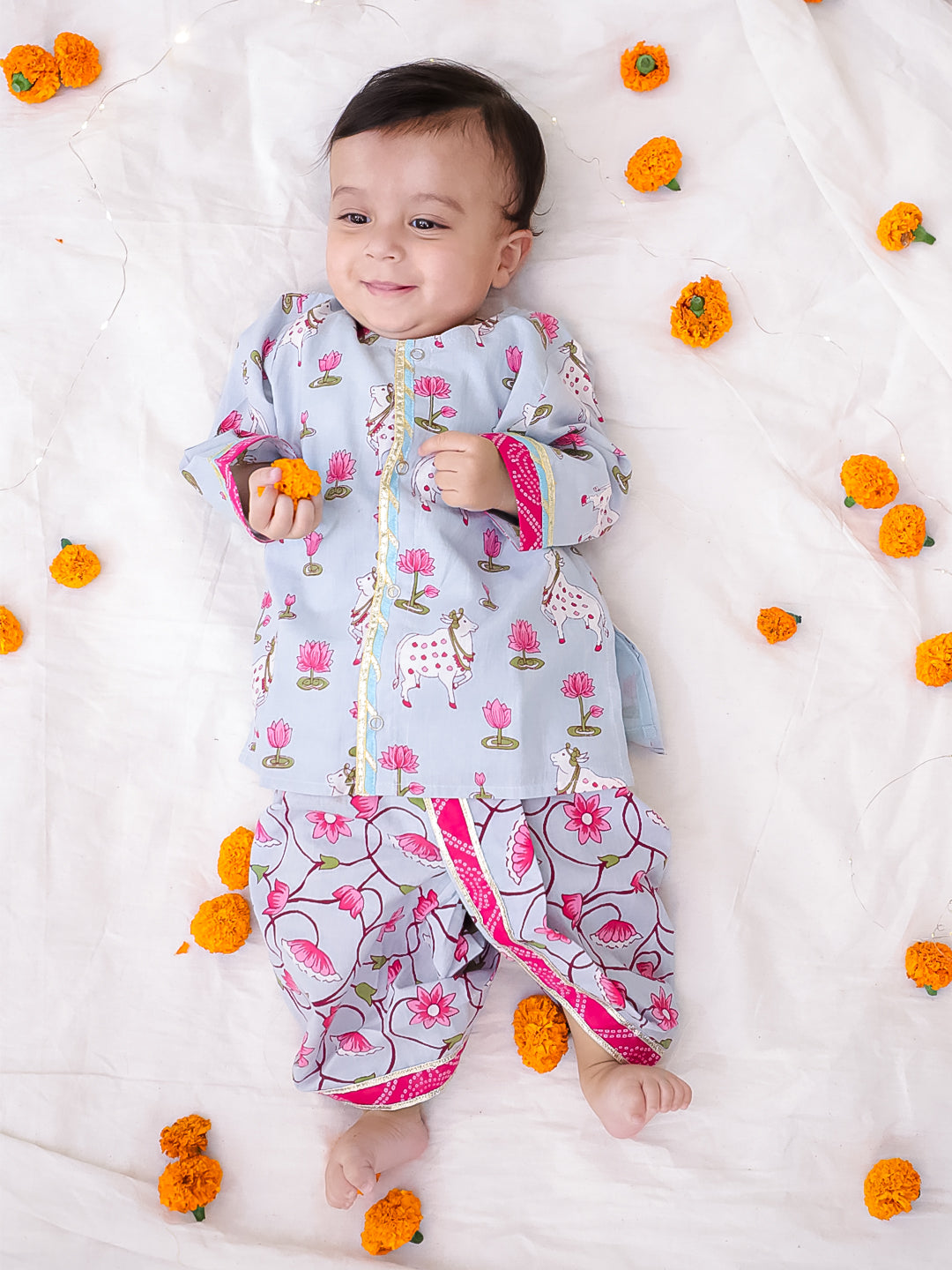 BownBee Pure cotton Long Sleeves Kurta Dhoti Set For Infant Boys - Sky blue