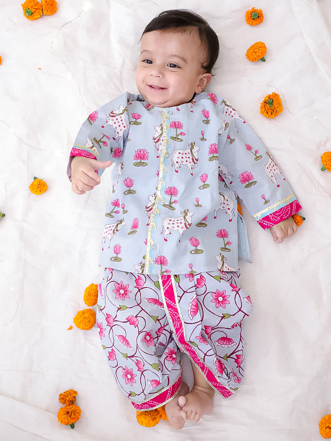 BownBee Pure cotton Long Sleeves Kurta Dhoti Set For Infant Boys - Sky blue