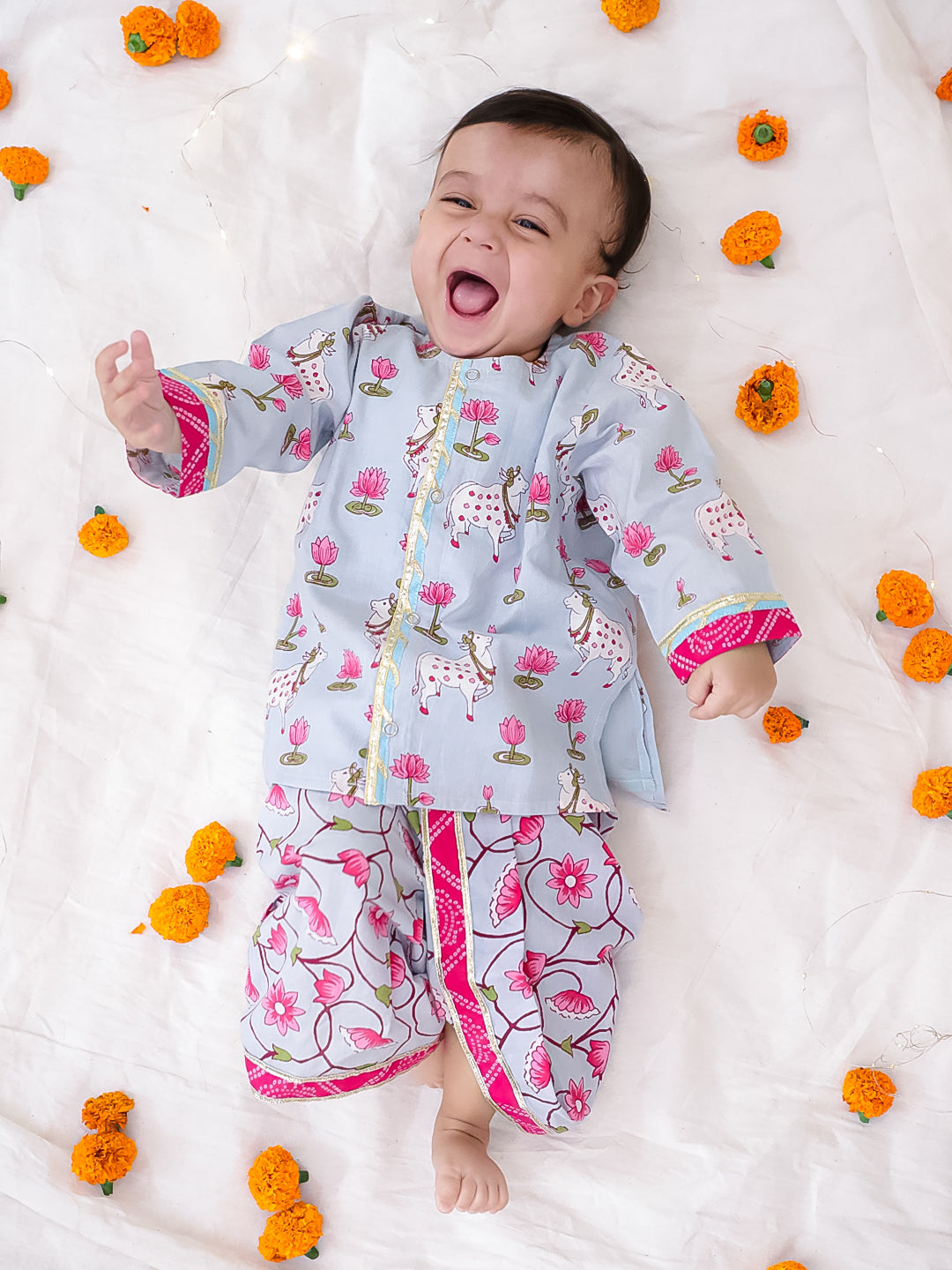 BownBee Festive Lehenga Choli & Dhoti Kurta Sibling Set for Infants | Traditional Rakhi & Wedding Wear – Sky Blue
