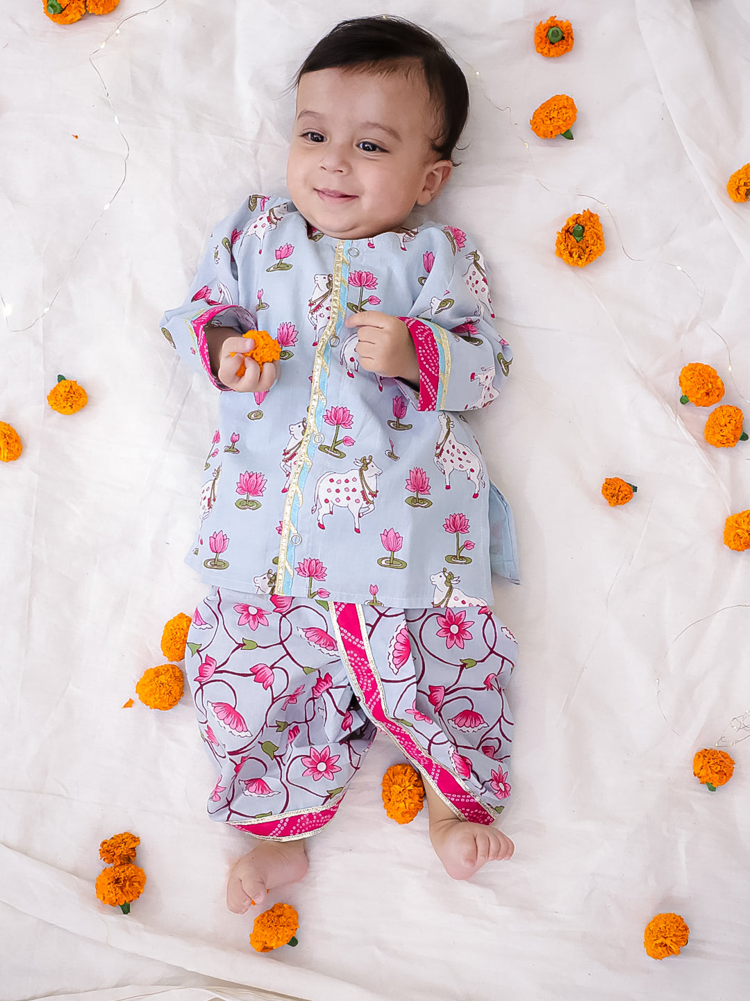 BownBee Festive Lehenga Choli & Dhoti Kurta Sibling Set for Infants | Traditional Rakhi & Wedding Wear – Sky Blue