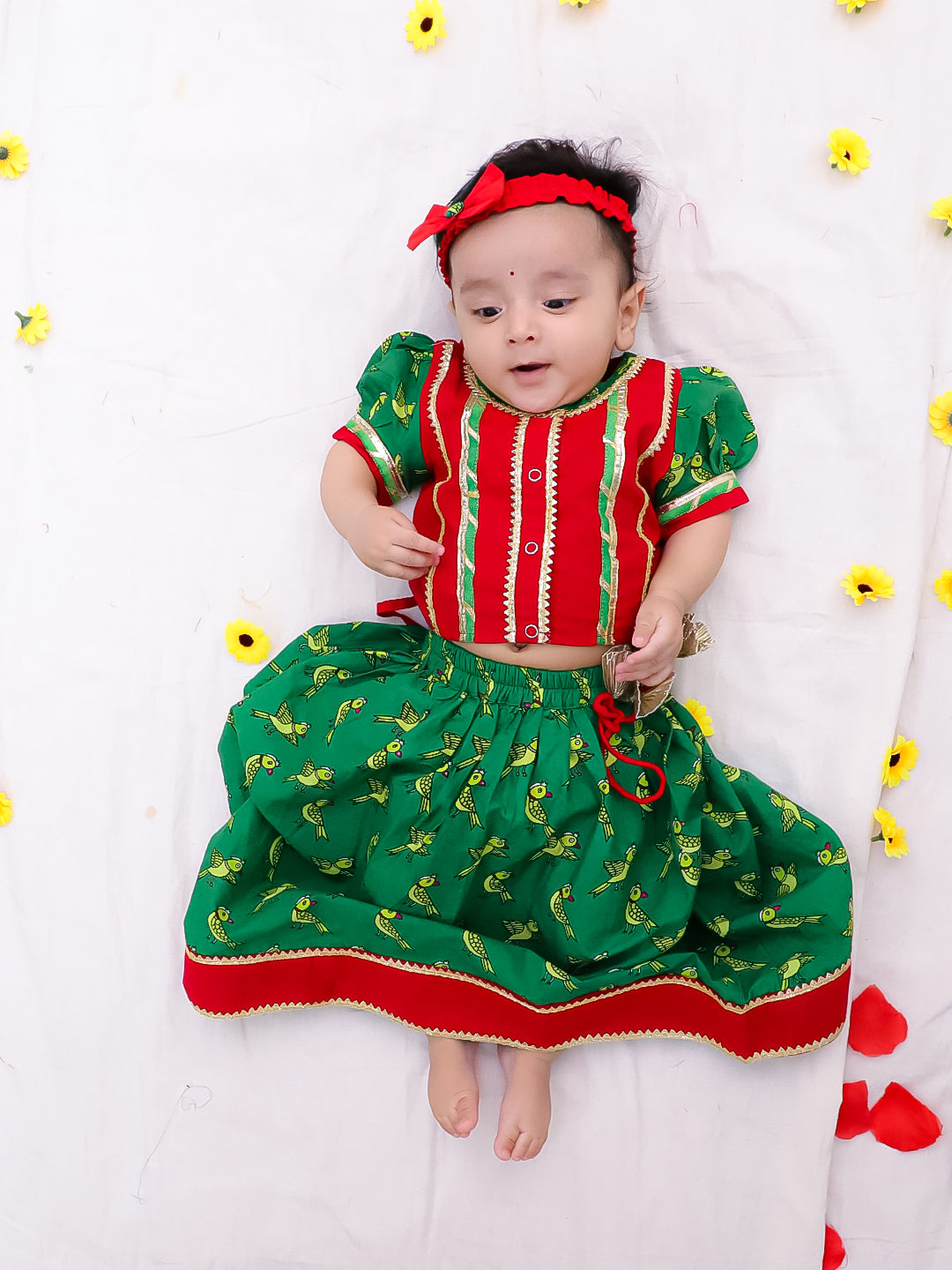 BownBee Pure Cotton Parrot Printed Short puff Sleeves Lehenga Choli For Infant Girls- Red