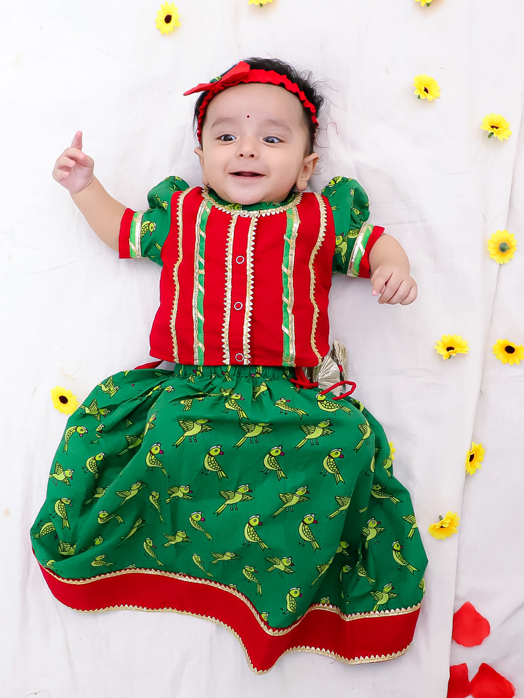 BownBee Pure Cotton Printed Lehenga Choli & Kurta Dhoti Sibling Set For Infants - Red