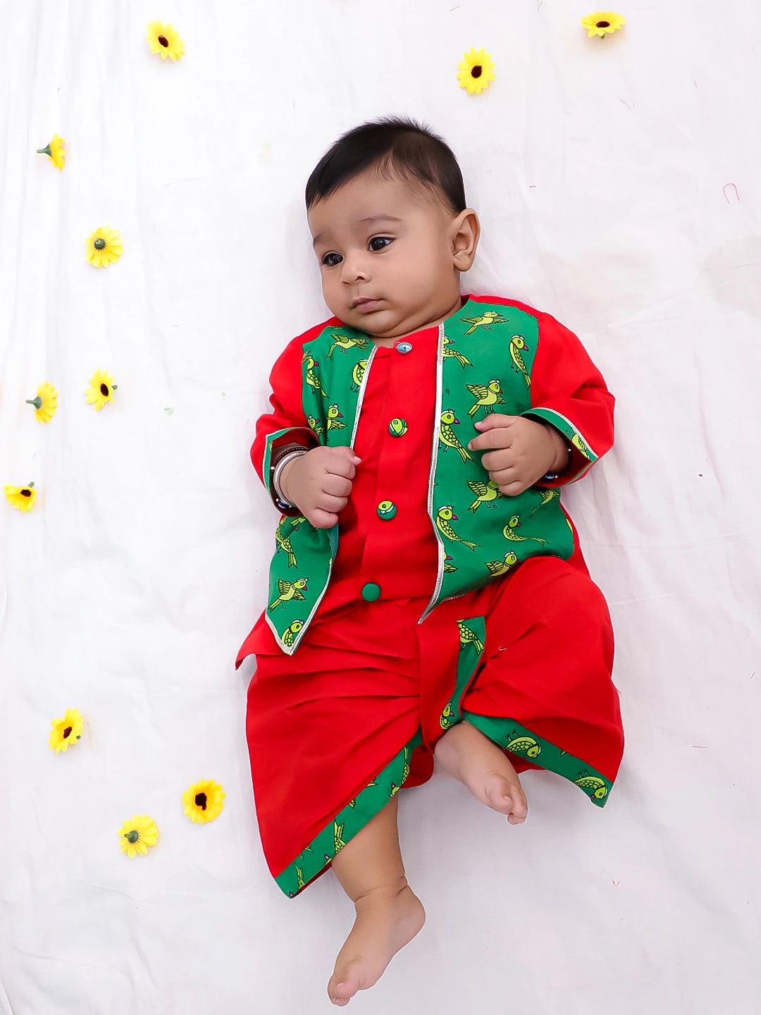 BownBee Pure Cotton Printed Lehenga Choli & Kurta Dhoti Sibling Set For Infants