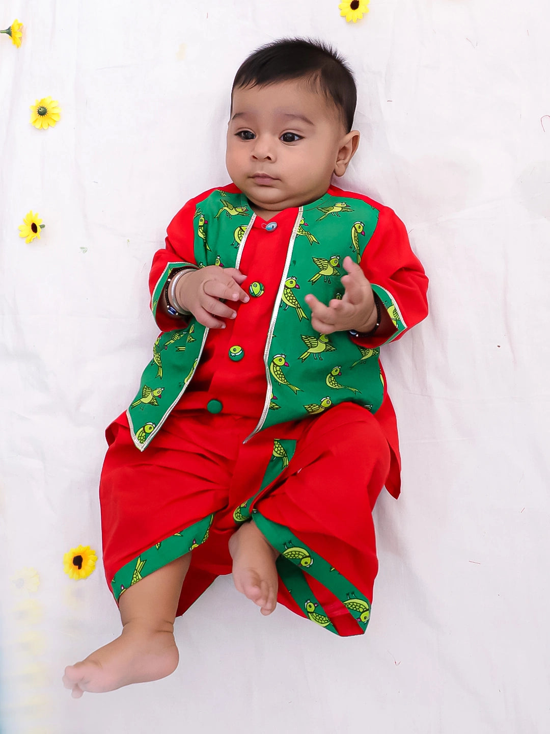 BownBee Pure Cotton Printed Lehenga Choli & Kurta Dhoti Sibling Set For Infants