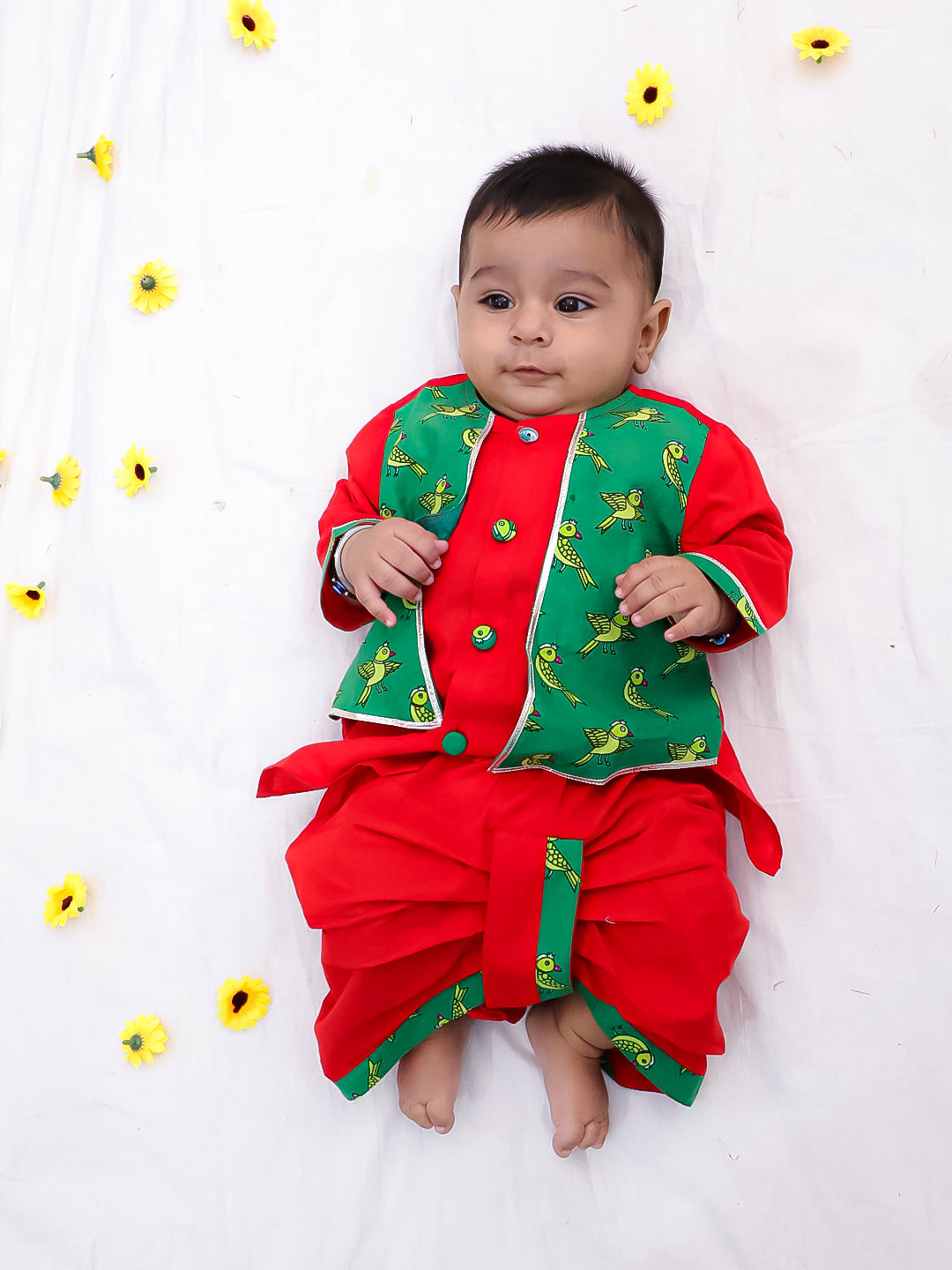BownBee Pure Cotton Parrot printed Long sleeves Dhoti Kurta With Attach Jacket Set For Infant Boys- Red