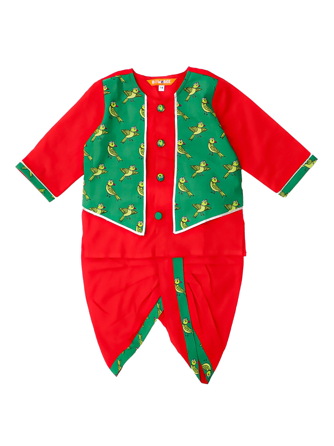 BownBee Pure Cotton Parrot printed Long sleeves Dhoti Kurta With Attach Jacket Set For Infant Boys- Red