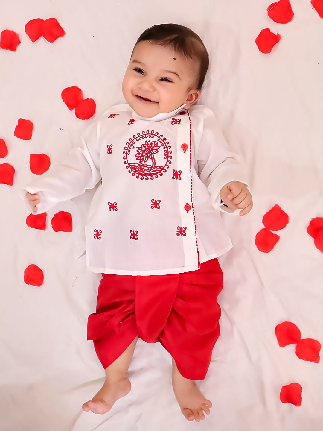 BownBee Cotton Embroidered Ethnic Suit Set & Kurta Dhoti Sibling Set For Infants - White