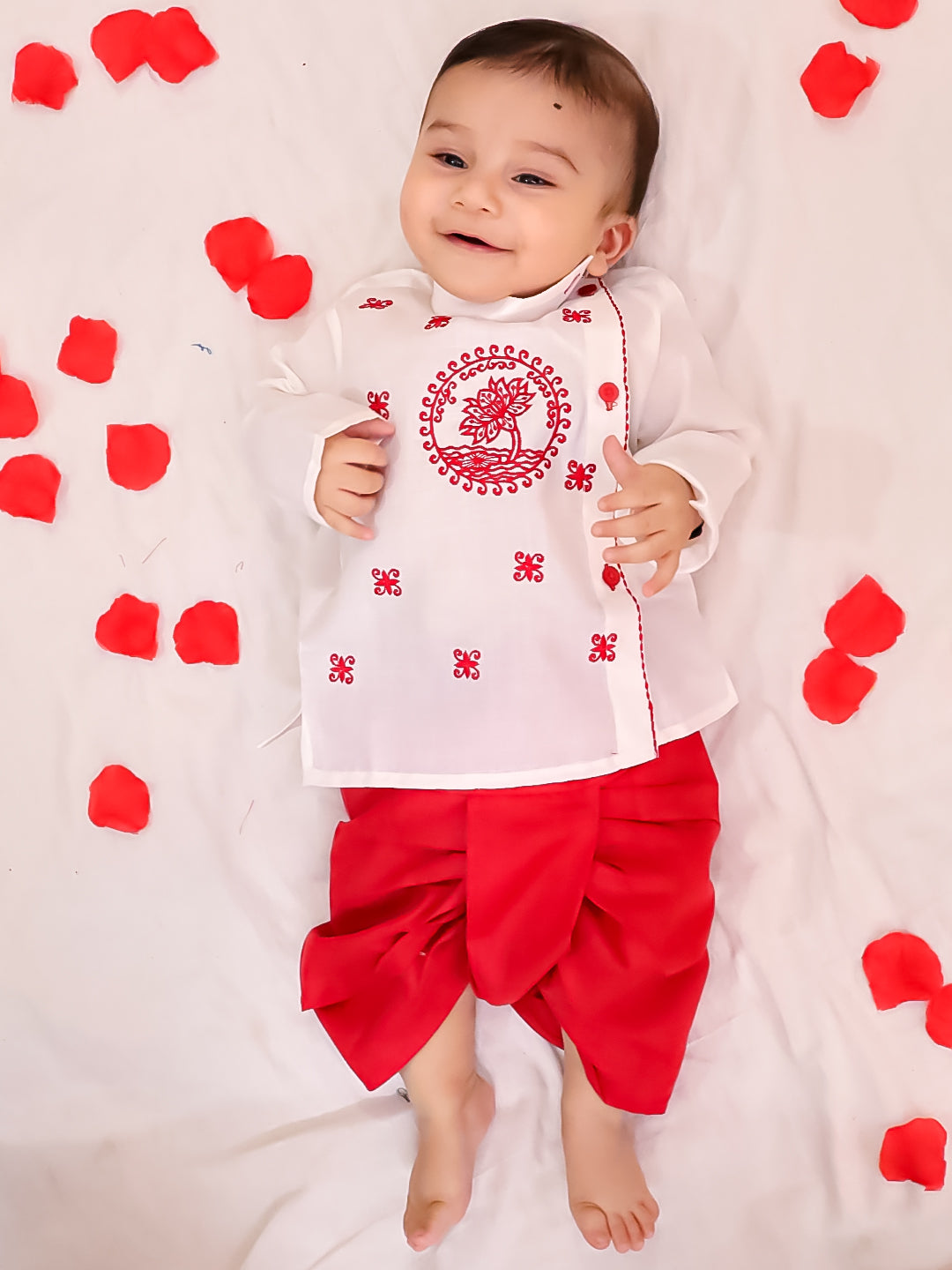 BownBee Cotton Embroidered Ethnic Suit Set & Kurta Dhoti Sibling Set For Infants - White
