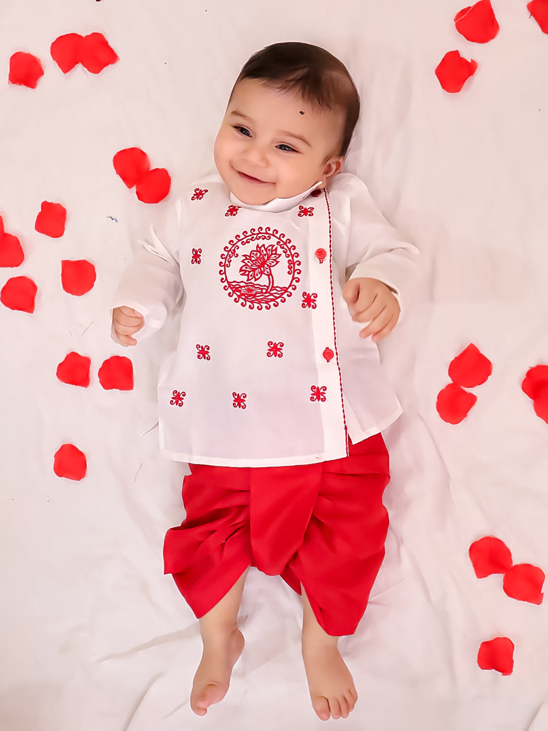 BownBee Cotton Embroidered Ethnic Suit Set & Kurta Dhoti Sibling Set For Infants - White