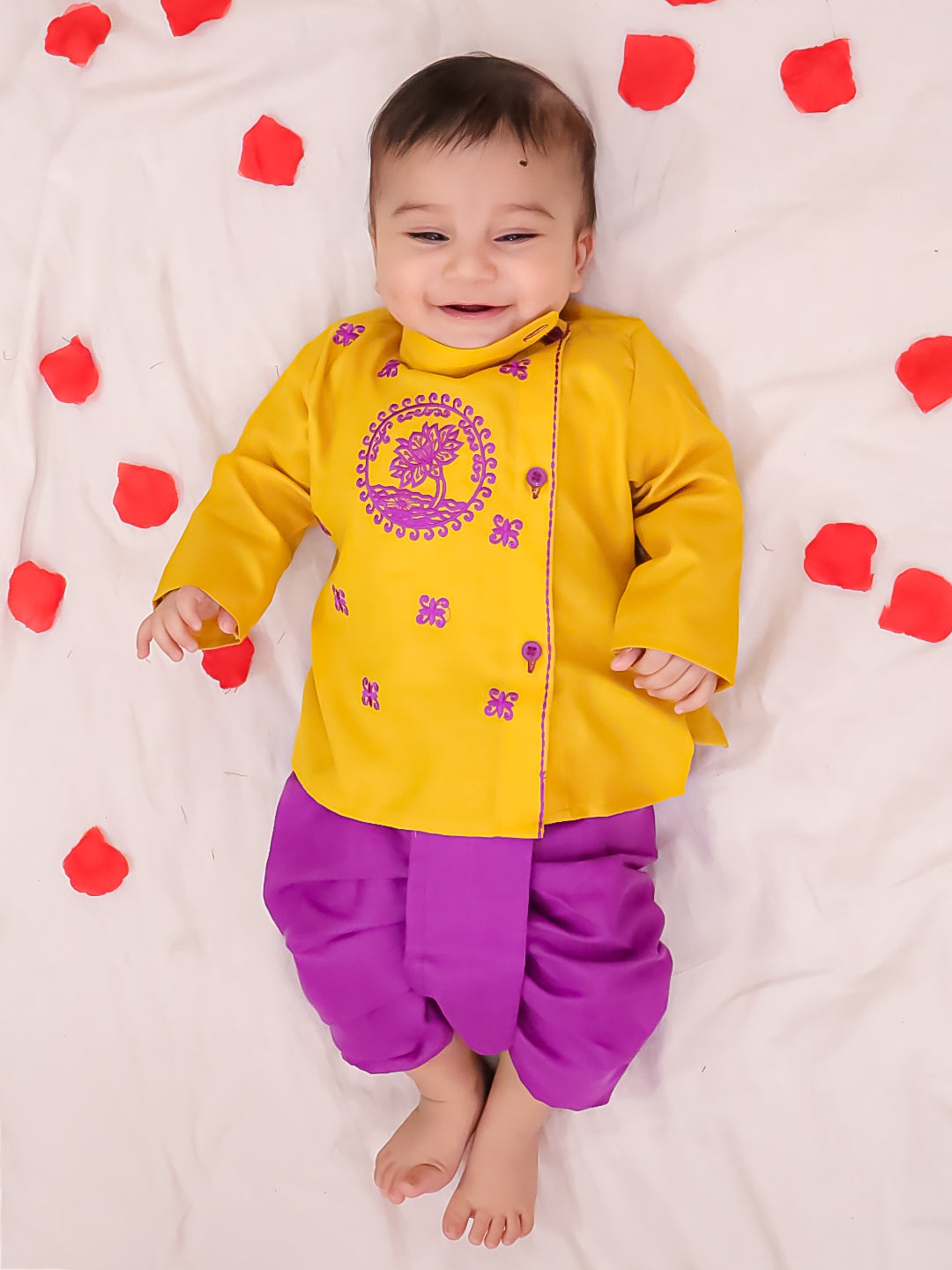 BownBee Embroidered Bangali Style Kurta with Dhoti for Infant Boys- Yellow