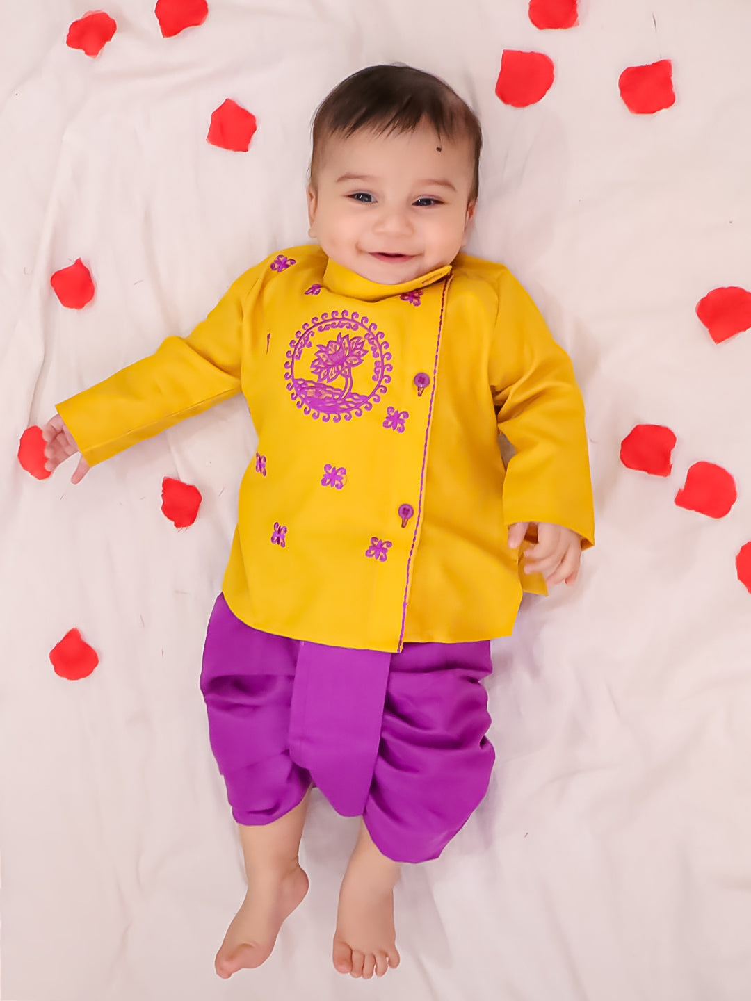 BownBee Embroidered Bangali Style Kurta with Dhoti for Infant Boys- Yellow