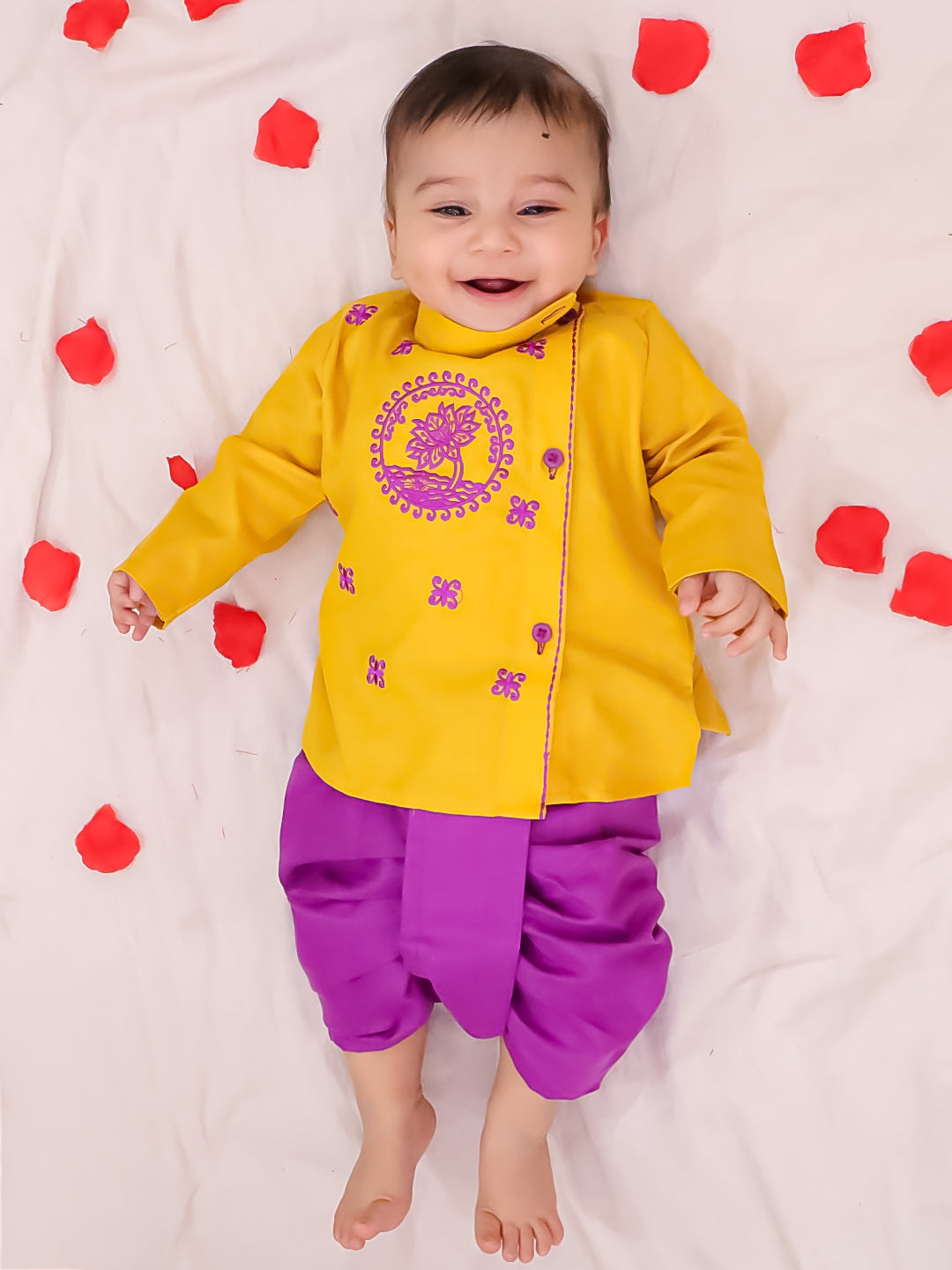 BownBee Embroidered Bangali Style Kurta with Dhoti for Infant Boys- Yellow