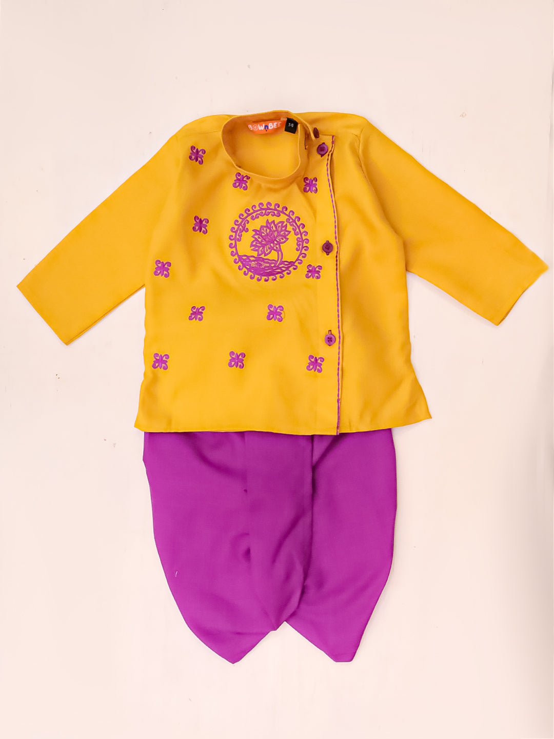 BownBee Cotton Embroidered Ethnic Suit Set & Kurta Dhoti Sibling Set For Infants - Yellow