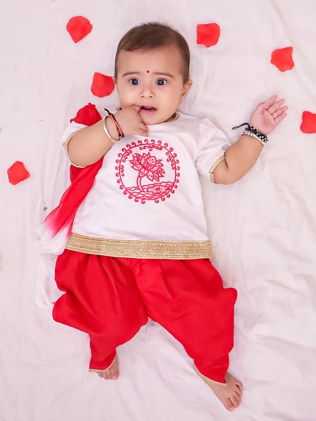 BownBee Cotton Embroidered Ethnic Suit Set & Kurta Dhoti Sibling Set For Infants - White