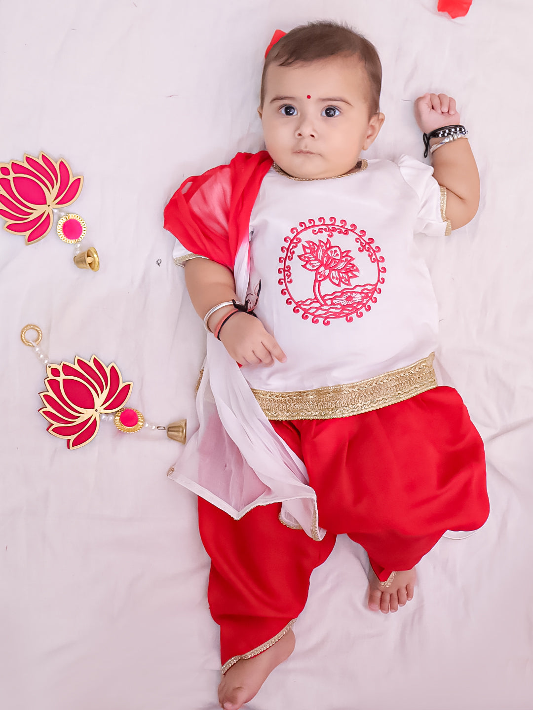 BownBee Cotton Embroidered Ethnic Suit Set & Kurta Dhoti Sibling Set For Infants - White