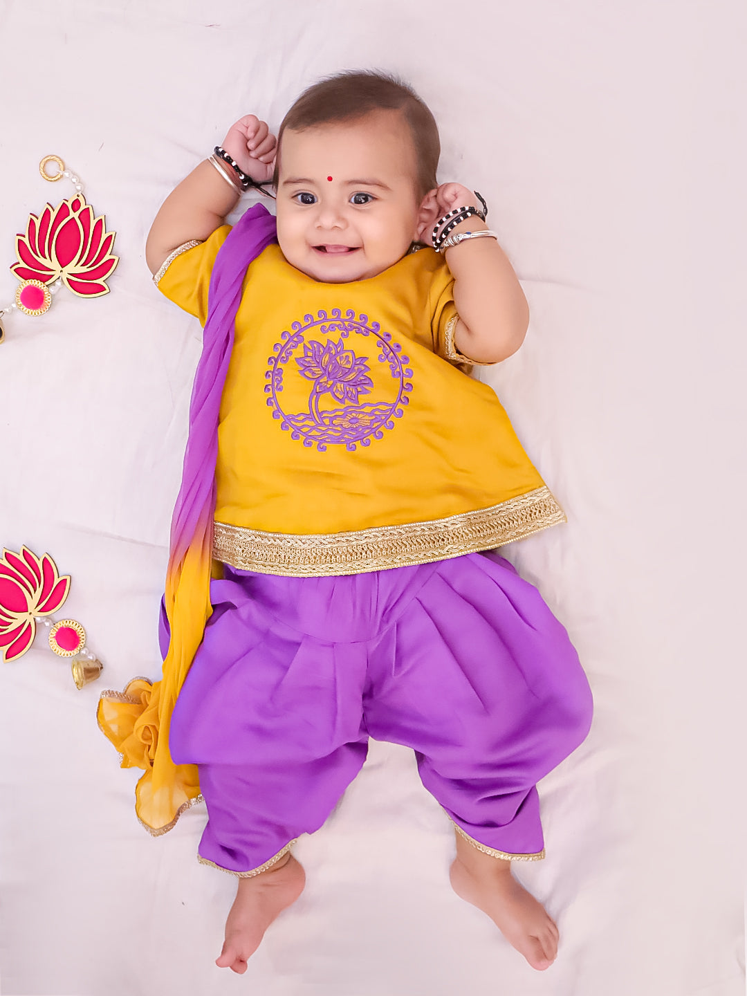 BownBee Cotton Embroidered Ethnic Suit Set & Kurta Dhoti Sibling Set For Infants - Yellow