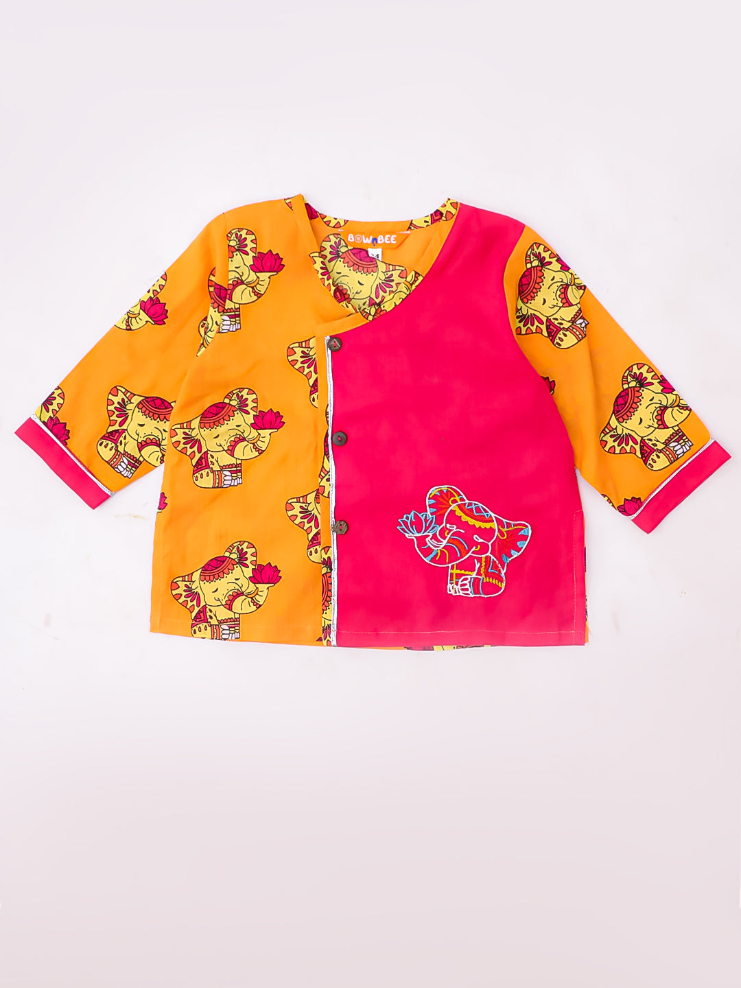 BownBee Pure Cotton Embroidered Full Sleeves Elephant Printed Dhoti Kurta For Infant Boys - Purple