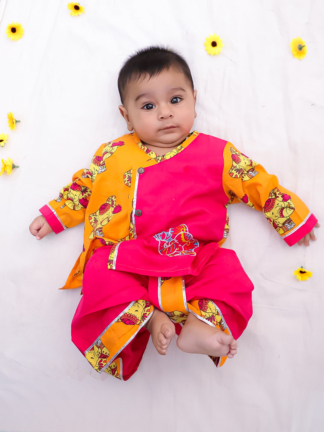 BownBee Pure Cotton Embroidered Full Sleeves Elephant Printed Dhoti Kurta For Infant Boys - Purple