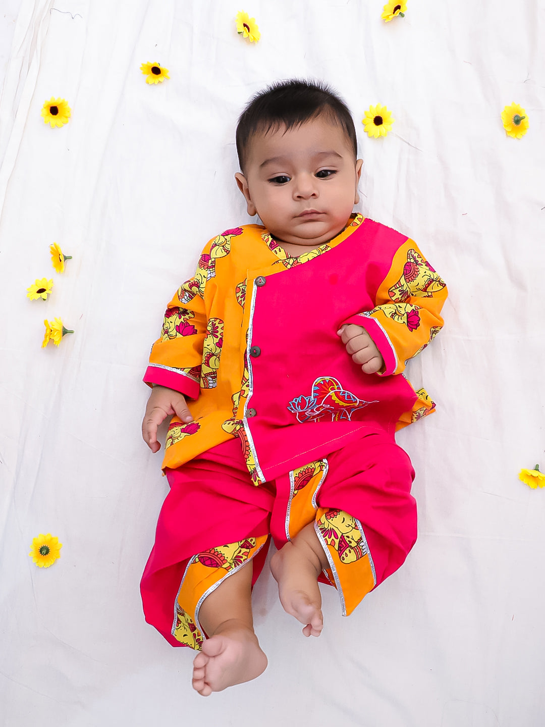 BownBee Pure Cotton Embroidered Full Sleeves Elephant Printed Dhoti Kurta For Infant Boys - Purple