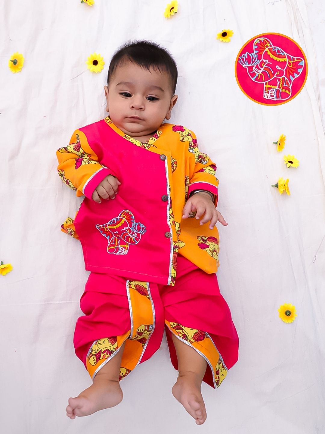 Bownbee Boys Cotton Dhoti Kurta For Infants  - Embroidered - Orange