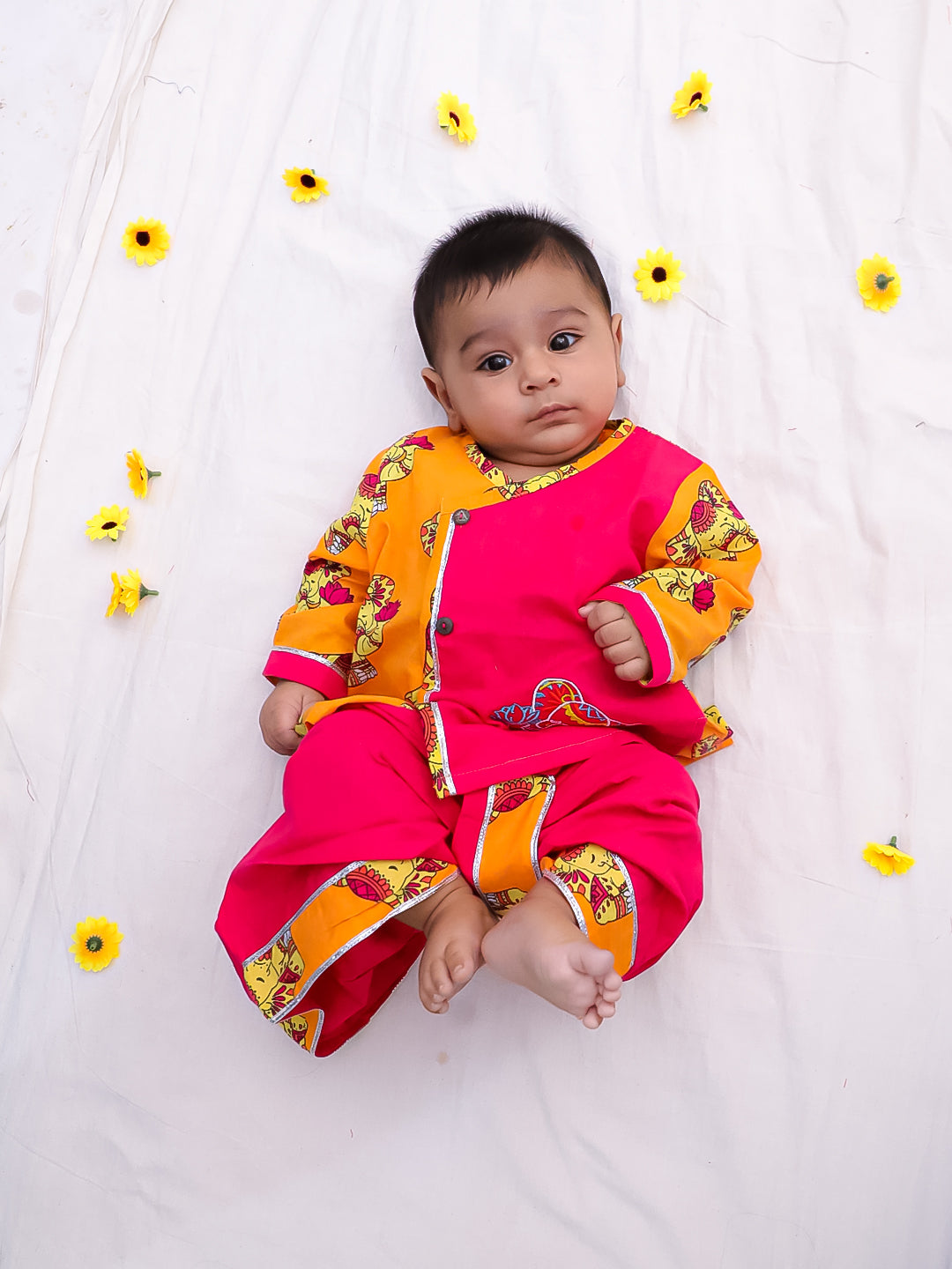 BownBee Pure Cotton Embroidered Full Sleeves Elephant Printed Dhoti Kurta For Infant Boys - Purple