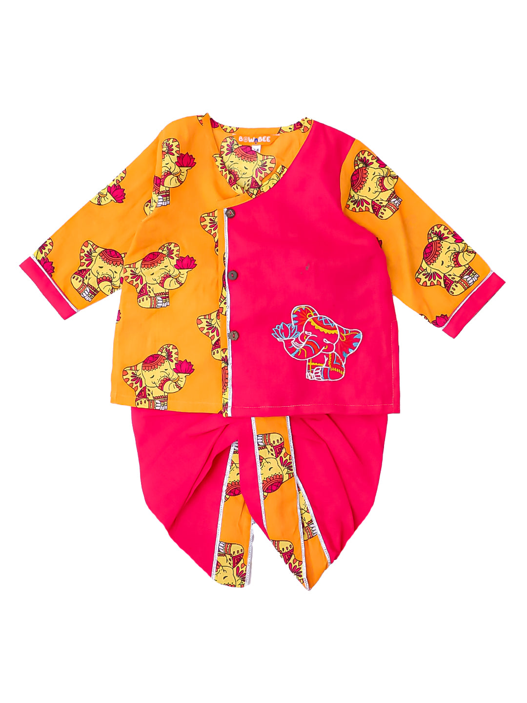 BownBee Pure Cotton Embroidered Full Sleeves Elephant Printed Dhoti Kurta For Infant Boys - Purple