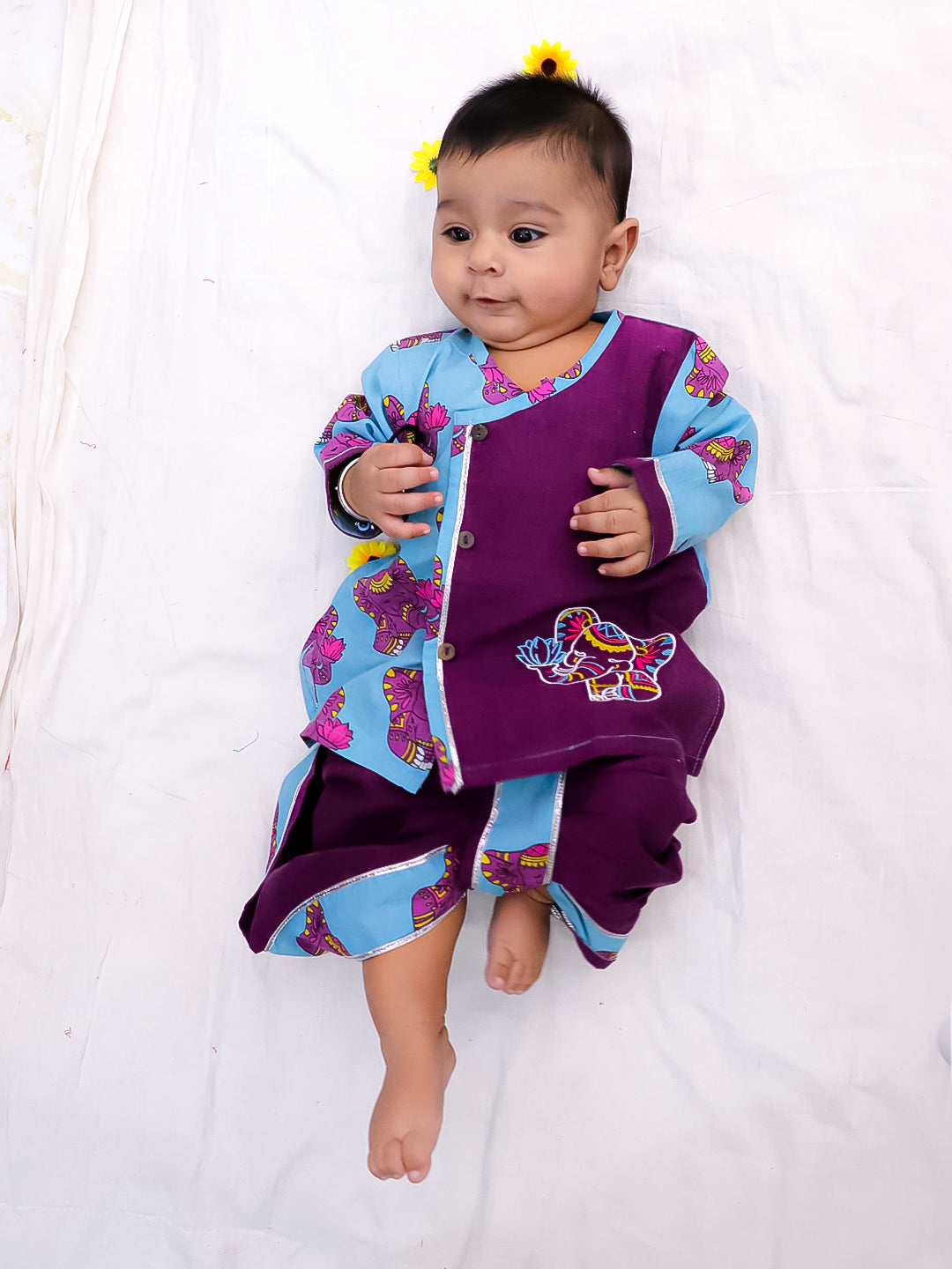 BownBee Pure Cotton Embroidered Full Sleeves Elephant Printed Dhoti Kurta For Infant Boys - Purple