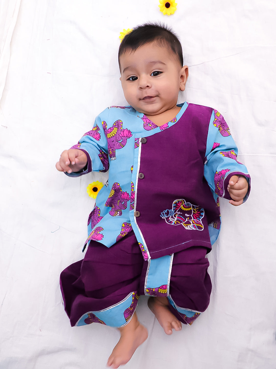 Bownbee Boys Cotton Dhoti Kurta For Infants  - Embroidered - Purple