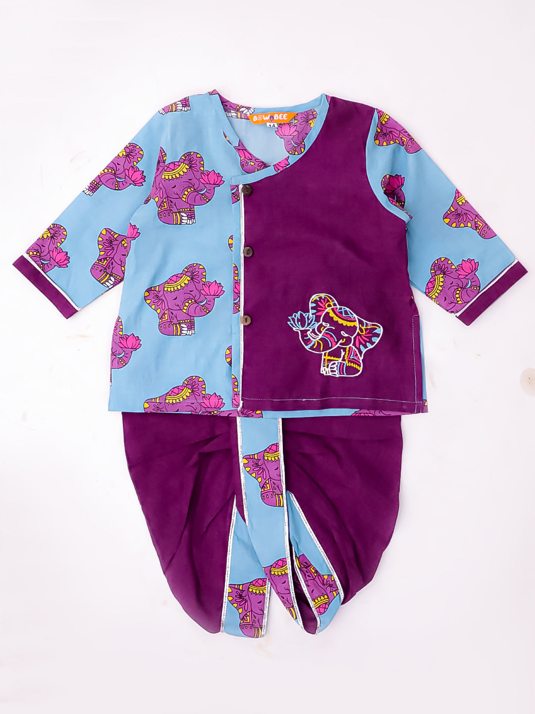 BownBee Pure Cotton Embroidered Full Sleeves Elephant Printed Dhoti Kurta For Infant Boys - Purple