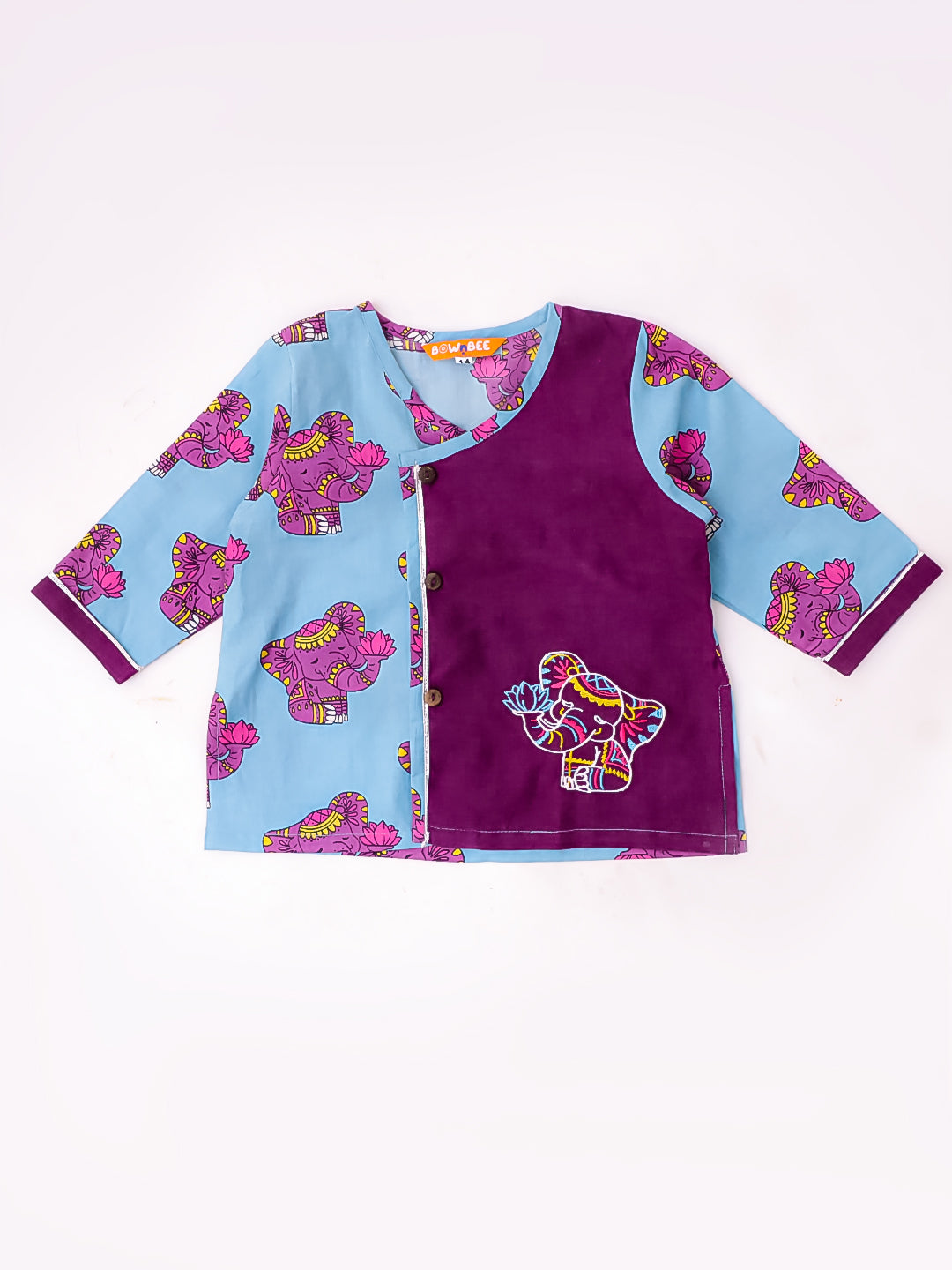 BownBee Pure Cotton Embroidered Full Sleeves Elephant Printed Dhoti Kurta For Infant Boys - Purple