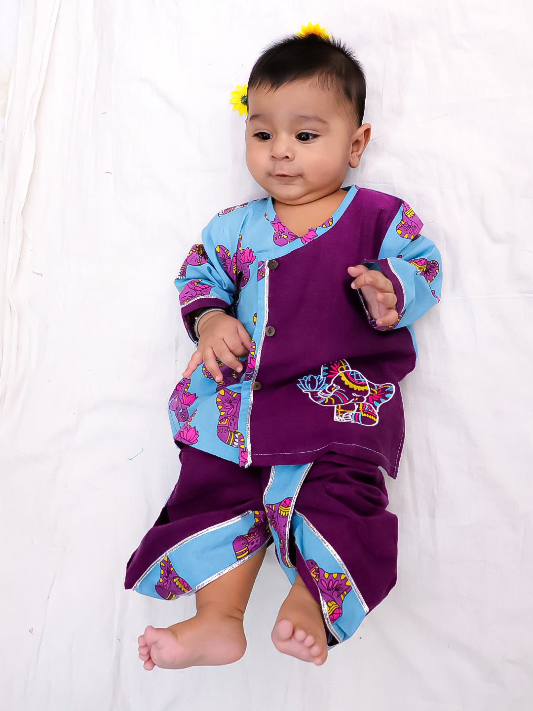 BownBee Pure Cotton Fish Embroidered Ethnic Suit Set & Kurta Dhoti Sibling Set For Infants - Purple