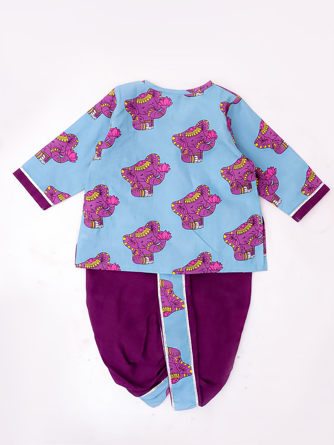 BownBee Pure Cotton Fish Embroidered Ethnic Suit Set & Kurta Dhoti Sibling Set For Infants - Purple