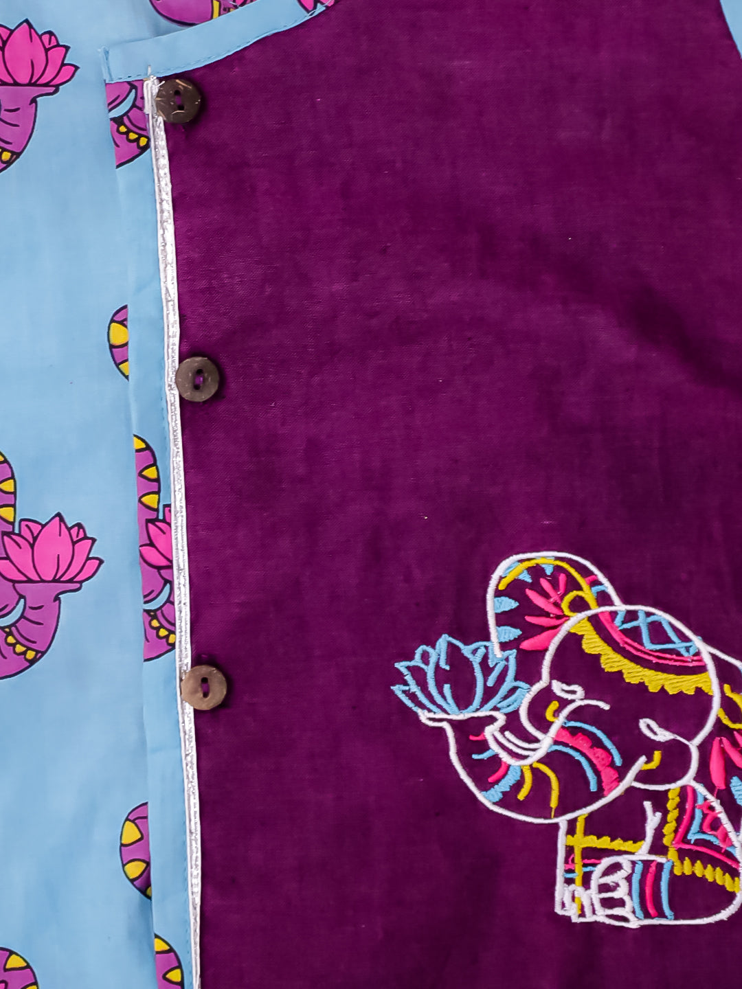 BownBee Pure Cotton Fish Embroidered Ethnic Suit Set & Kurta Dhoti Sibling Set For Infants - Purple