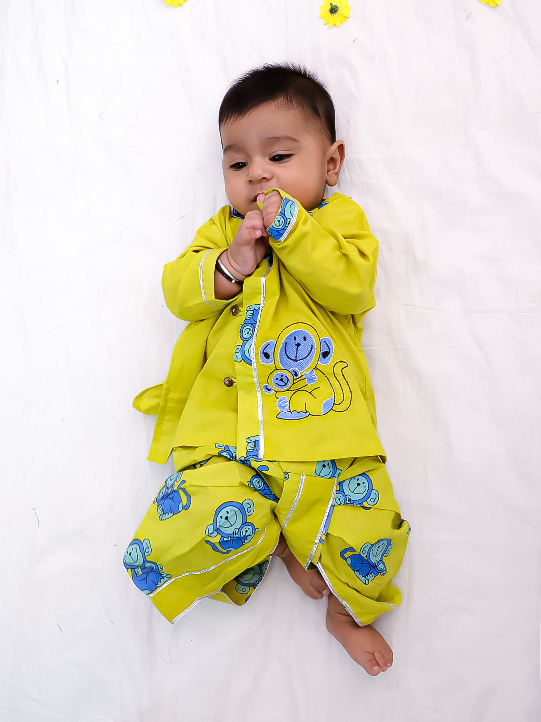 BownBee Pure Cotton Embroidered Full Sleeves Monkey Printed Dhoti Kurta For Infant Boys - Maroon