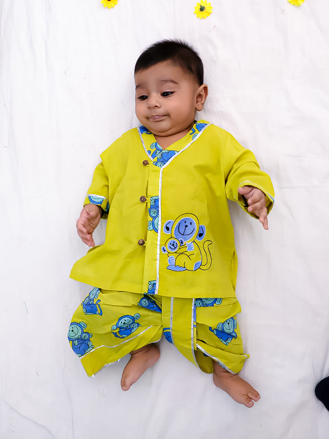 BownBee Pure Cotton Embroidered Full Sleeves Monkey Printed Dhoti Kurta For Infant Boys - Maroon