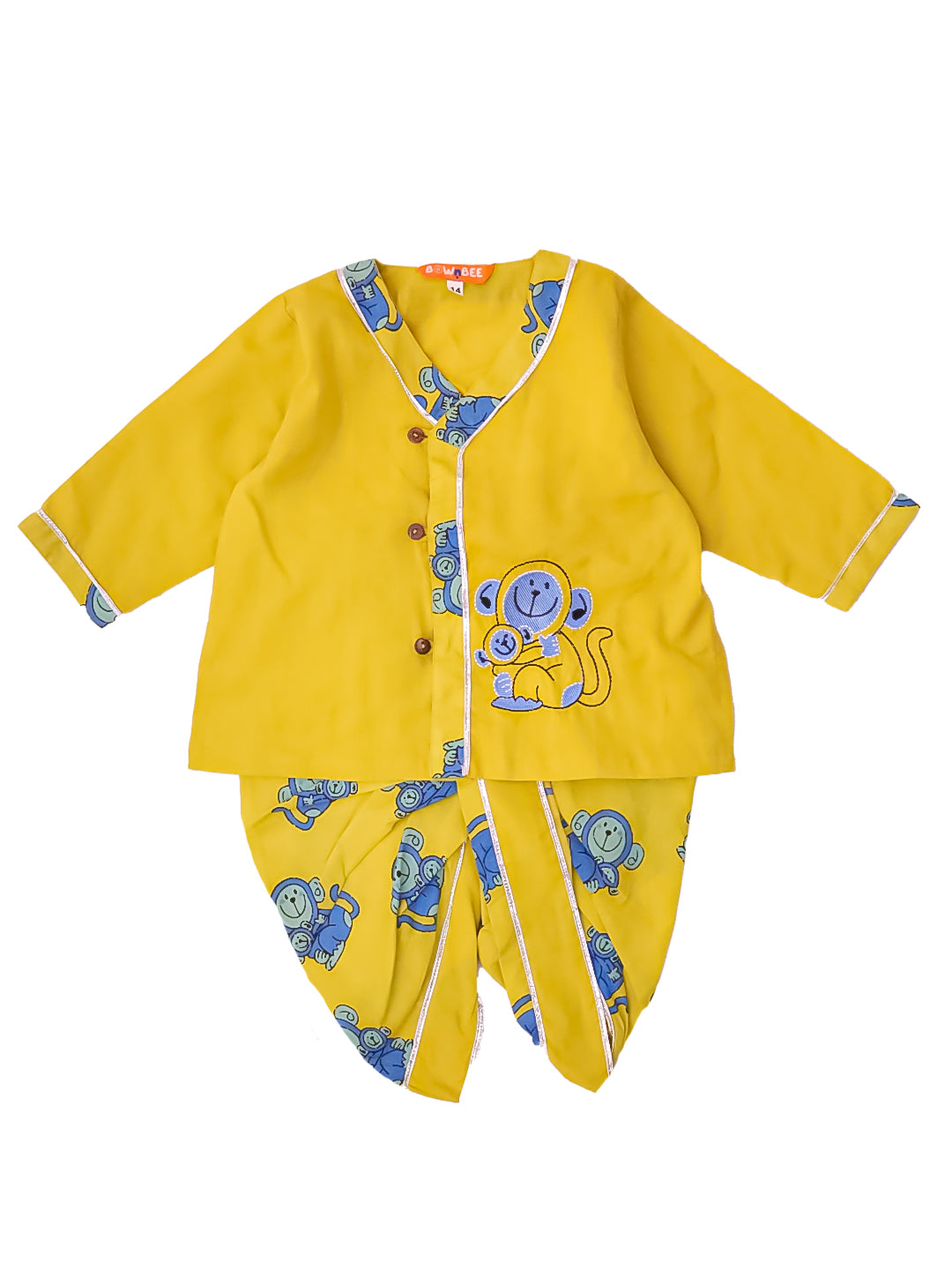 BownBee Pure Cotton Embroidered Full Sleeves Monkey Printed Dhoti Kurta For Infant Boys - Maroon