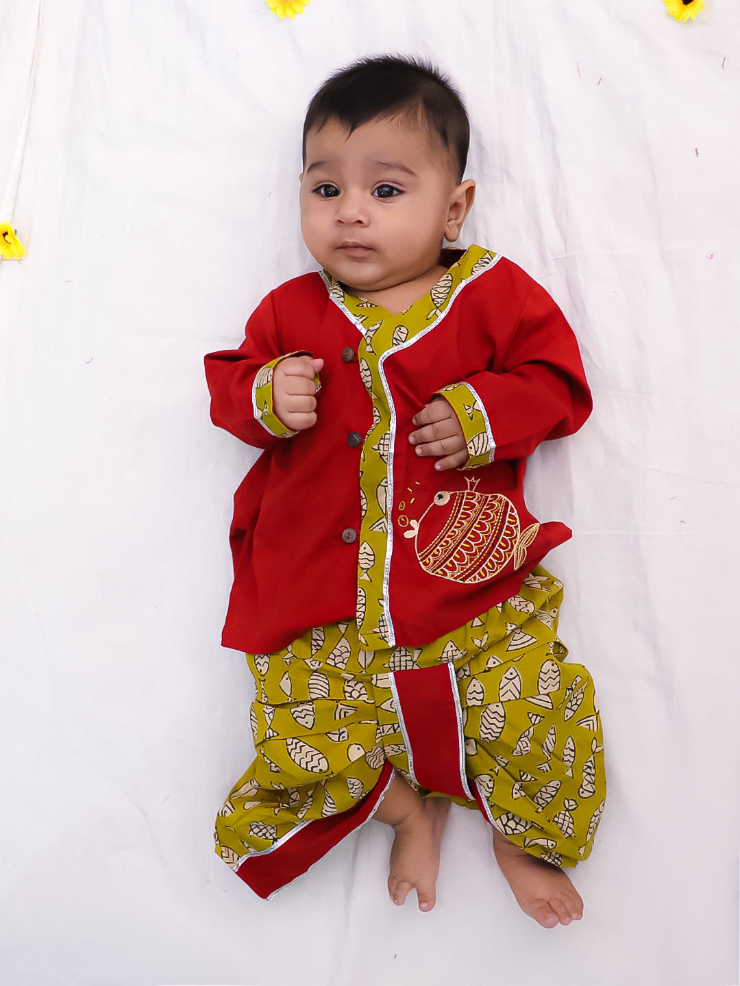BownBee Pure Cotton Embroidered Full Sleeves Monkey Printed Dhoti Kurta For Infant Boys - Maroon