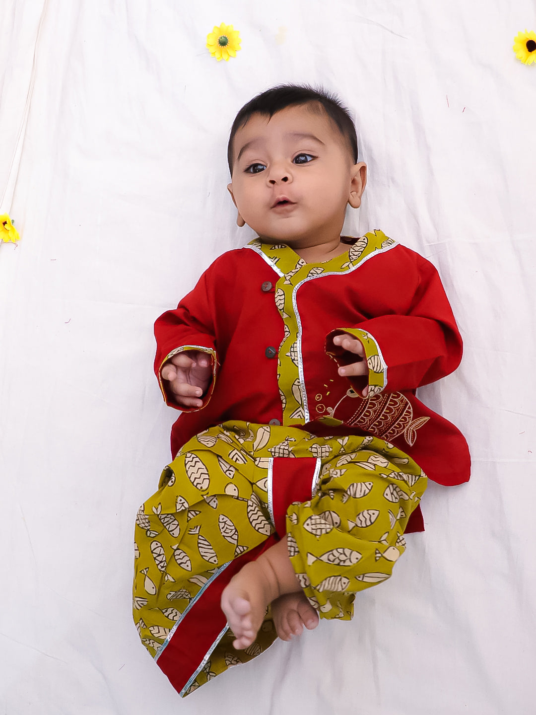 BownBee Pure Cotton Embroidered Full Sleeves Monkey Printed Dhoti Kurta For Infant Boys - Maroon