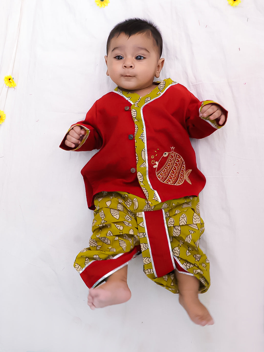 BownBee Pure Cotton Embroidered Full Sleeves Monkey Printed Dhoti Kurta For Infant Boys - Maroon