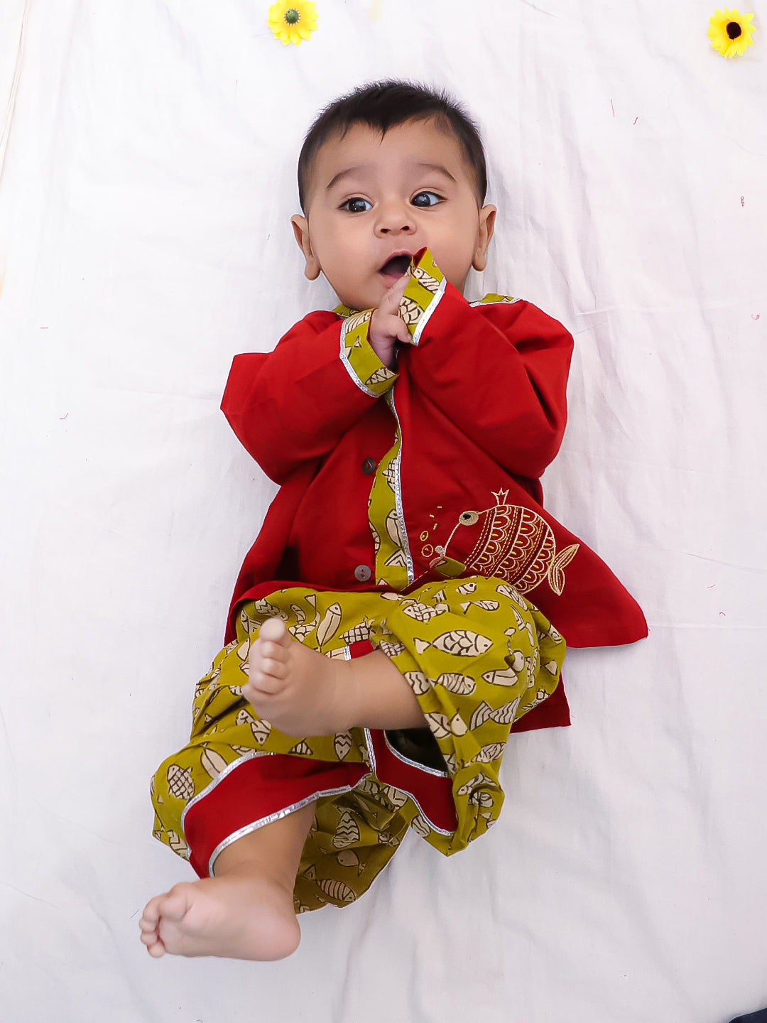 BownBee Pure Cotton Embroidered Full Sleeves Monkey Printed Dhoti Kurta For Infant Boys - Maroon