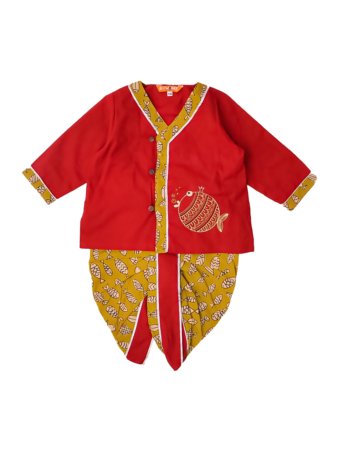 BownBee Pure Cotton Embroidered Full Sleeves Monkey Printed Dhoti Kurta For Infant Boys - Maroon