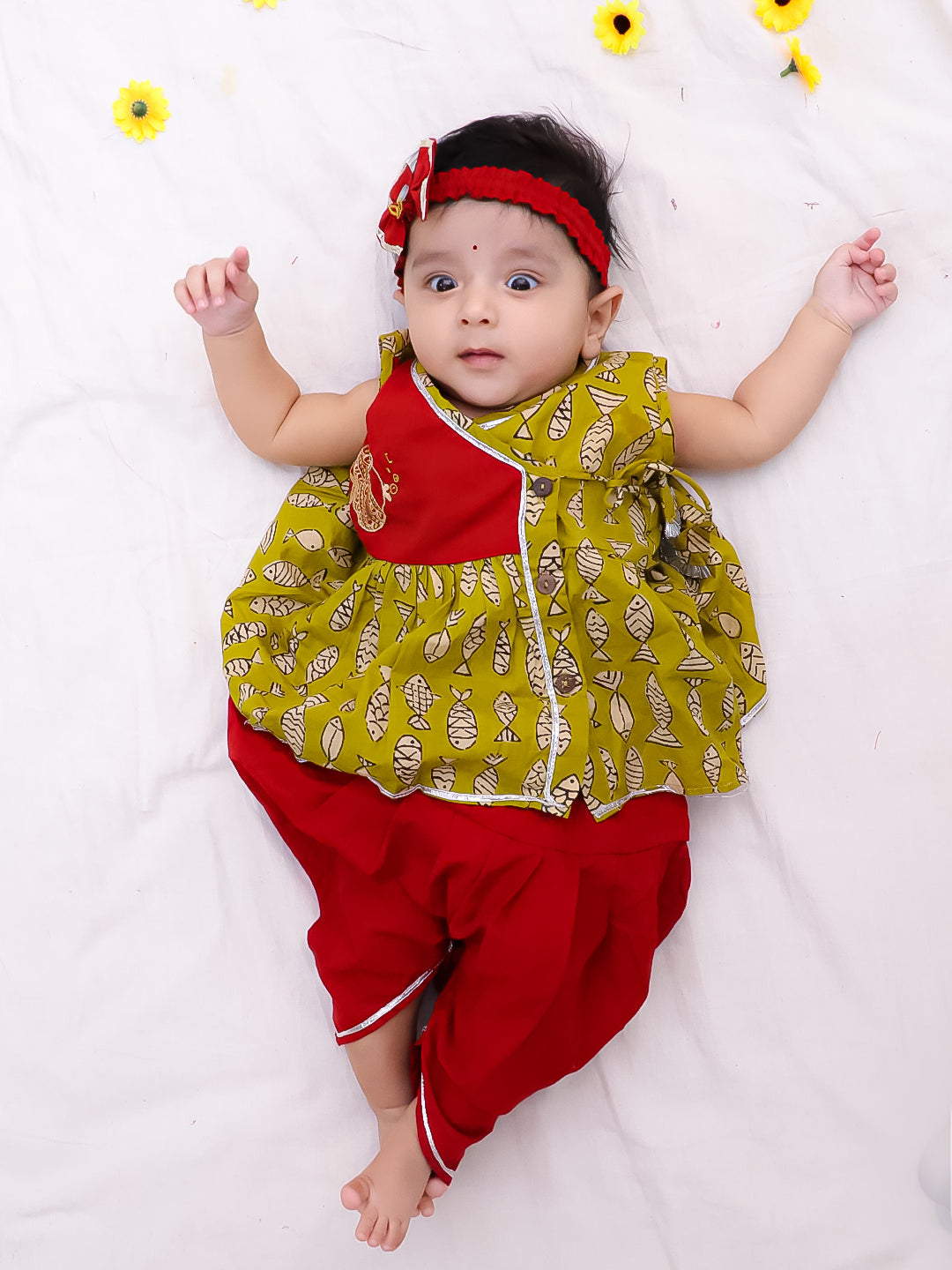 BownBee Pure Cotton Embroidered Sleeveless Angarakha style Fish Print Kurti With Dhoti For Infant Girls- Mustard