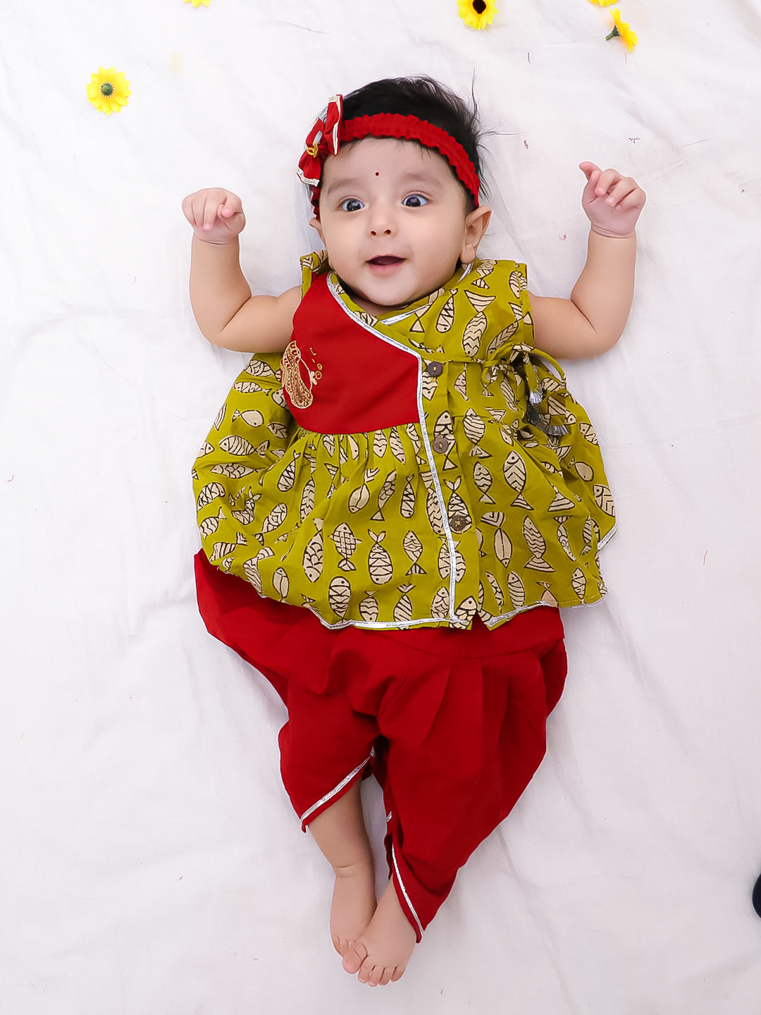 BownBee Pure Cotton Embroidered Sleeveless Angarakha style Fish Print Kurti With Dhoti For Infant Girls- Mustard