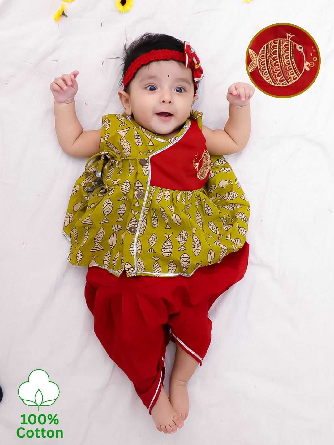 Bownbee Girls Cotton Ethnic Set For Infants  - Embroidered - Yellow